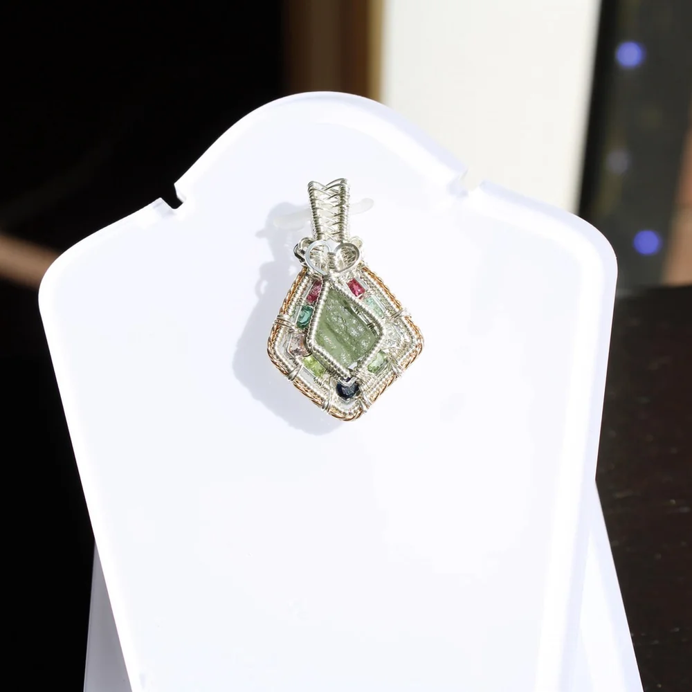 Handmade Moldavite & Tourmaline Pendant – Sterling Silver Crystal Necklace - Picture 8 of 10